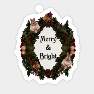 Bunny Holiday Wreath Christmas Ornaments Red Berries Holiday Quote Merry and Bright Sticker